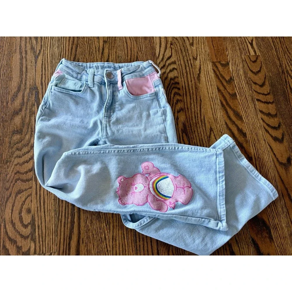 Justice Care Bears Jeans Girls Size 8 Light Wash 90s Cartoon Flare Leg Retro Y2K